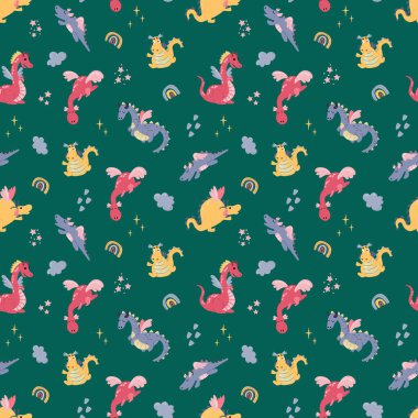 Güzel el yapımı ejderhaları olan kusursuz bir desen. Kumaş, tekstil, duvar kağıdı, ambalaj için tasarım