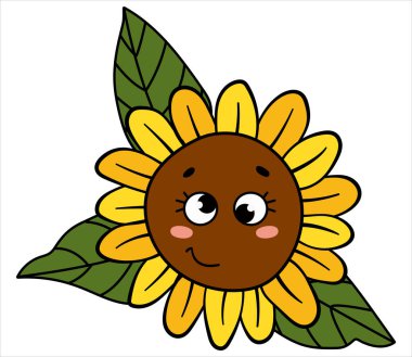 İzole edilmiş beyaz bir arkaplanda gözleri olan ayçiçeği. Kawaii tarzı..