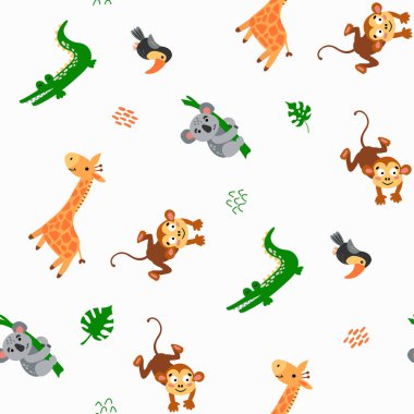 Safari hayvanlarında kusursuz desen. Zürafa, timsah, koala, maymun ve tukan. Kumaş, tekstil, duvar kağıdı, ambalaj için tasarım.