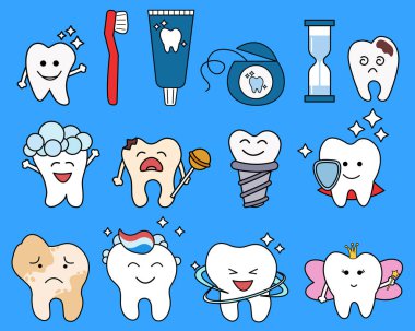   Diş ve ağız bakımı seti. Çizgi film biçimi.