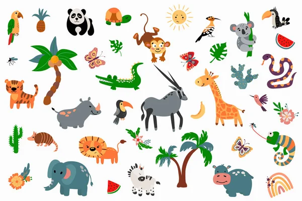 Safari 動物セット 手描きスタイル 白い背景 隔離される — ストックベクタ