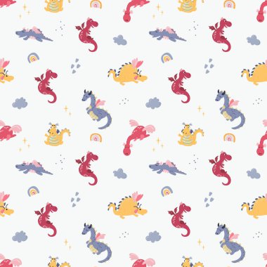 Güzel el yapımı ejderhaları olan kusursuz bir desen. Kumaş, tekstil, duvar kağıdı, ambalaj için tasarım.