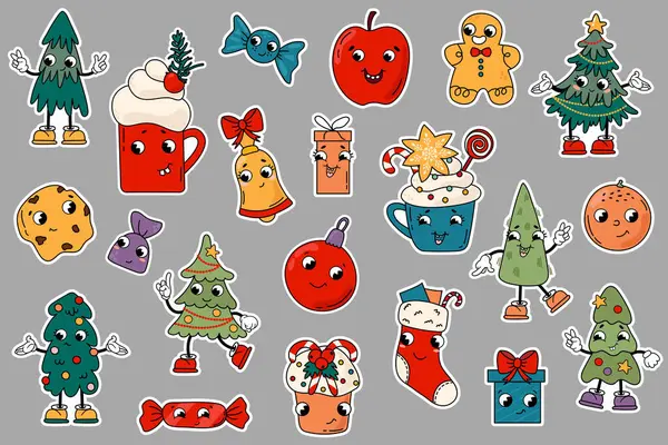 Set Christmas Stickers Kawaii — Stock Vector