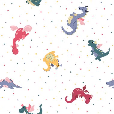 Güzel el yapımı ejderhaları olan kusursuz bir desen. Kumaş, tekstil, duvar kağıdı, ambalaj için tasarım.