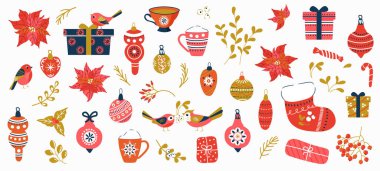 Noel ikonları: kuşlar, hediye, noktalı yıldız, ökseotu. Noel için çocukların çizimi.