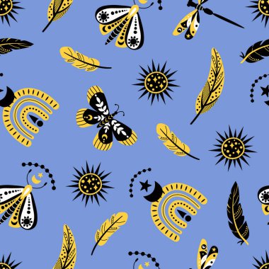 Göksel bedenlerin kusursuz deseni ve klasik boho tarzında mistik sihirli elementler. Tasarımınız için sonsuz dokular.