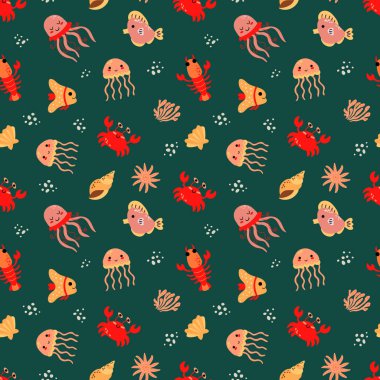 Deniz hayvanlarında kusursuz desen. Yengeç, kerevit, denizanası, balık. Tasarımınız için sonsuz tasarım.