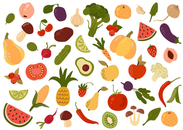 Set of fruits and vegetables on a white isolated background.