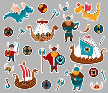 Vikings çıkartma seti. Drakkarlar, kalkanlar, balta, miğfer, kılıç, ejderhalar, bıçak