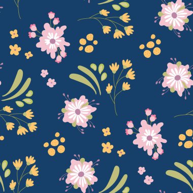 Şirin çiçeklerle kusursuz desen. Kumaş, tekstil, duvar kağıdı, ambalaj için tasarım.