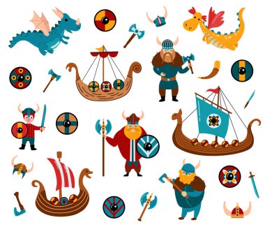  Vikingler hazır. Drakkarlar, kalkanlar, balta, miğfer, kılıç, ejderhalar, bıçak