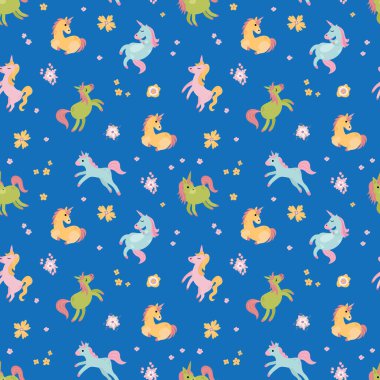 Şirin tek boynuzlu atların kusursuz deseni. Mitolojik ve büyülü bir yaratık. Kumaş, tekstil, duvar kağıdı, ambalaj için tasarım.