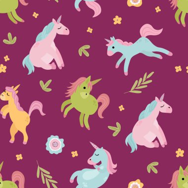 Şirin tek boynuzlu atların kusursuz deseni. Mitolojik ve büyülü bir yaratık. Kumaş, tekstil, duvar kağıdı, ambalaj için tasarım.