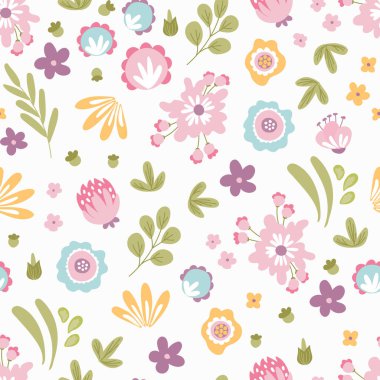 Şirin çiçeklerle kusursuz desen. Kumaş, tekstil, duvar kağıdı, ambalaj için tasarım.