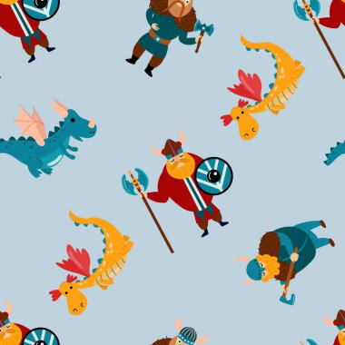 Seamless pattern with Vikings. Dragons and Vikings. Design for fabric, textile, wallpaper, packaging.