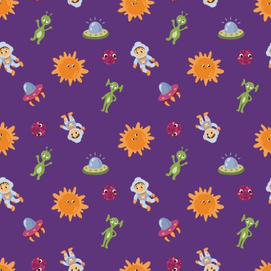 Uzay İzsiz Düzen. Astronot, uzaylı, UFO, güneş, gezegenler. Kumaş, tekstil, duvar kağıdı, ambalaj için tasarım.