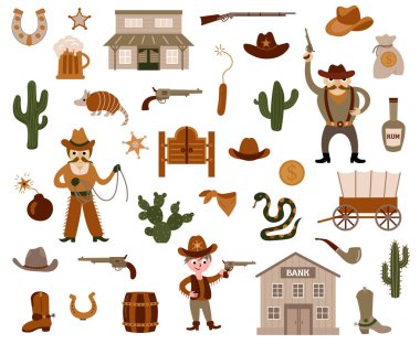 Vahşi Batı illüstrasyon seti. Kovboy koleksiyonu.