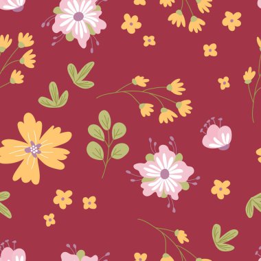 Şirin çiçeklerle kusursuz desen. Kumaş, tekstil, duvar kağıdı, ambalaj için tasarım