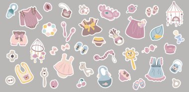 Çıkartma seti. Bir kız. Elbiseler, yaylar, oyuncaklar, bulaşıklar.