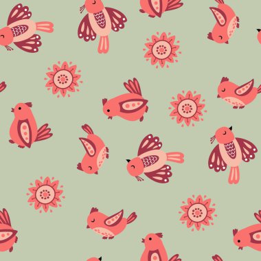 Mükemmel kuşlar ve çiçeklerle kusursuz bir desen. Kumaş, tekstil, duvar kağıdı, ambalaj için tasarım