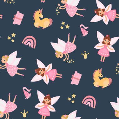 Perili Sihirli Kusursuz Desen, Tekboynuz. Kumaş, tekstil, duvar kağıdı, ambalaj, çocuk odası için tasarım.