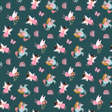 Perili Sihirli Kusursuz Desen, Tekboynuz. Kumaş, tekstil, duvar kağıdı, ambalaj, çocuk odası için tasarım.