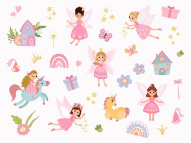 Peri seti. Elle çizilmiş sevimli periler. Beyaz arkaplan, izole et