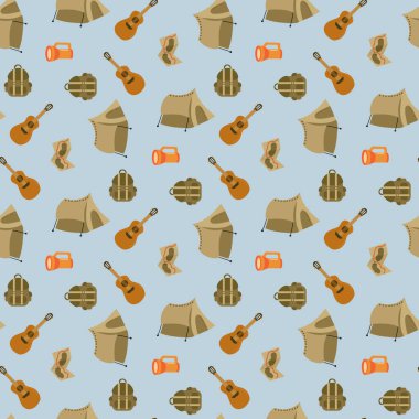 Fırlat. Çadırlı, gitarlı, sırt çantalı, el fenerli, haritalı kusursuz desen. Tasarımınız için sonsuz dokular