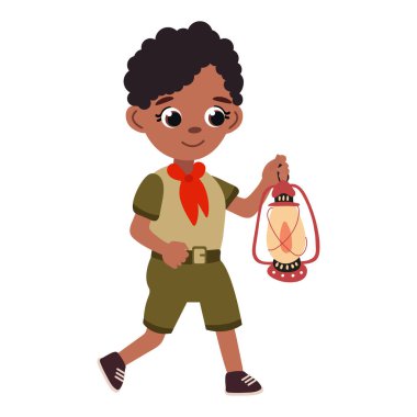 Çizgi filmci çocuk feneri dışarı taşıyor.