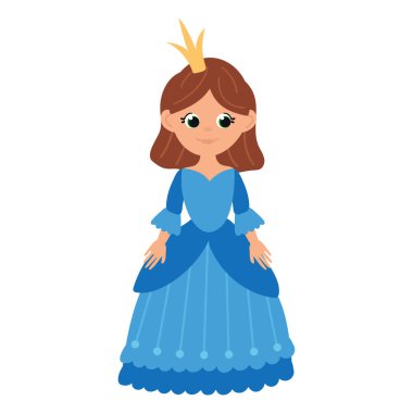 Mavi elbiseli şirin bir el çizimi prenses. Beyaz arkaplan, izole et