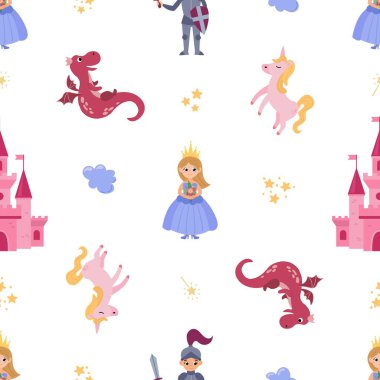 Prensesler, şövalyeler ve ejderhalarla kusursuz bir düzen. Kumaş, tekstil, duvar kağıdı, ambalaj tasarımı