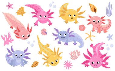 Beyaz izole edilmiş arkaplanda çizilmiş el axolotls kümesi