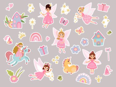 Üzerinde periler, tek boynuzlu atlar, evler, gökkuşakları, çiçekler ve kelebekler olan çıkartmalar.