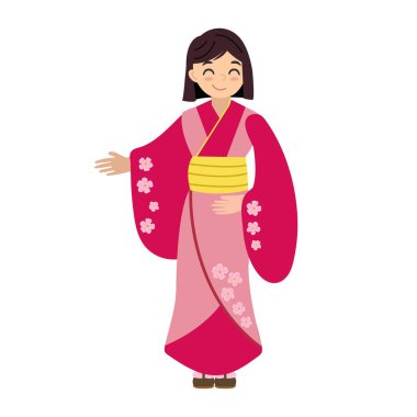 Kimano giymiş güzel bir Japon kız. Beyaz arkaplan, izole et