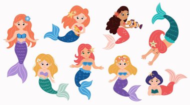 Bir çift güzel el çizilmiş denizkızı. Beyaz arkaplan, izole et