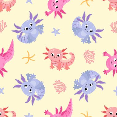 Axolotl 'la kusursuz desen. Kumaş, tekstil, duvar kağıdı, ambalaj için tasarım