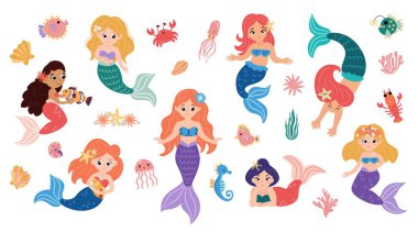 Bir çift şirin denizkızı. Su altı krallığı. Deniz yaratıkları. Beyaz arkaplan, izole et