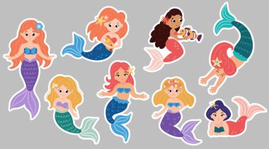 Güzel denizkızı çıkartması seti. Su altı krallığı. Deniz canlıları.