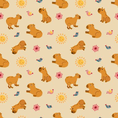Güneş ve Çiçeklerle Şirin Capybara Deseni. Kumaş, tekstil, duvar kağıdı, ambalaj için tasarım