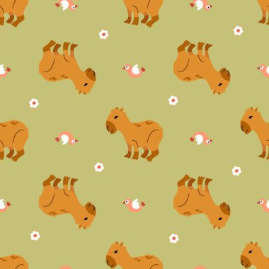 Capybara ve kuşlarda garip bir model. Kumaş, tekstil, duvar kağıdı, ambalaj için tasarım