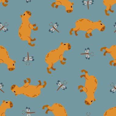 Şirin kapibaraları olan kusursuz bir desen. Kumaş, tekstil, duvar kağıdı, ambalaj için tasarım