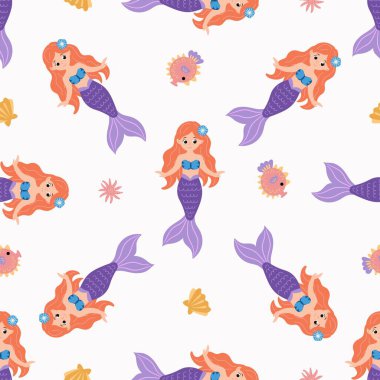 Şirin denizkızlarıyla kusursuz desen. Kumaş, tekstil, duvar kağıdı, ambalaj için tasarım