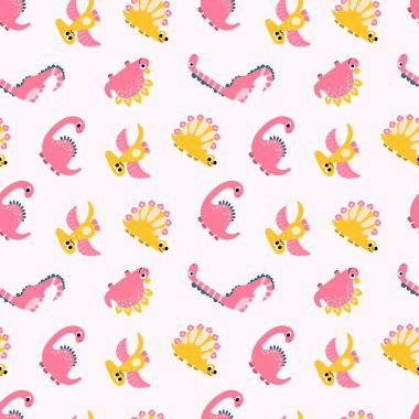 Renkli Karikatür Dinozorları Deseni. Kumaş, tekstil, duvar kağıdı, ambalaj tasarımları