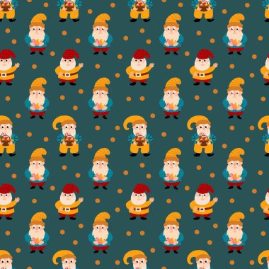 Şirin komik cücelerle kusursuz desen. Kumaş, tekstil, duvar kağıdı, ambalaj için tasarım