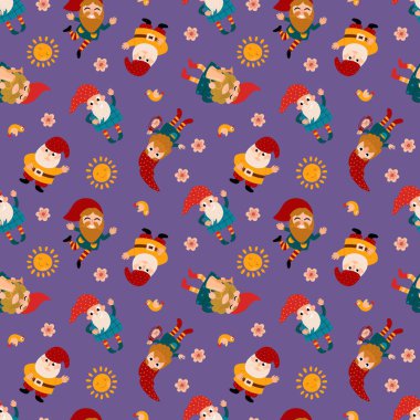 Cüceler, kuşlar, güneş ve çiçeklerle kusursuz desen. Kumaş, tekstil, duvar kağıdı, ambalaj için tasarım