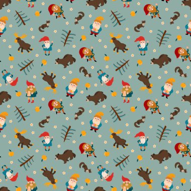 Kusursuz Cüceler ve Orman Hayvanları Şablonu. Kumaş, tekstil, duvar kağıdı, ambalaj için tasarım