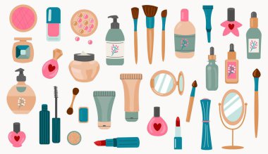 Kozmetik ve güzellik ürünlerinin düz tasarımı. İllüzyon. Beyaz arkaplan, izole et