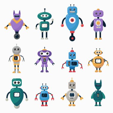  Çizgi Robot Karakter Çizimi. Beyaz arkaplan, izole et