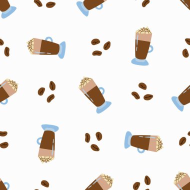 Kusursuz Latte ve kahve çekirdeği deseni. Kumaş, tekstil, duvar kağıdı, ambalaj için tasarım