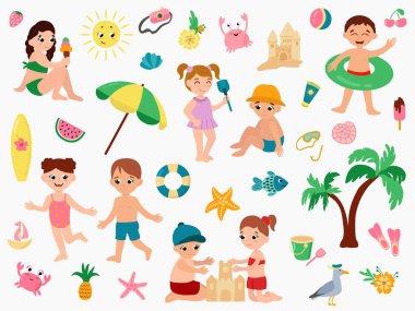 Çizgi filmdeki çocuklar yaz tatilinin tadını çıkarıyorlar. İzole edilmiş beyaz arkaplanda yaz elementleri ile ayarla